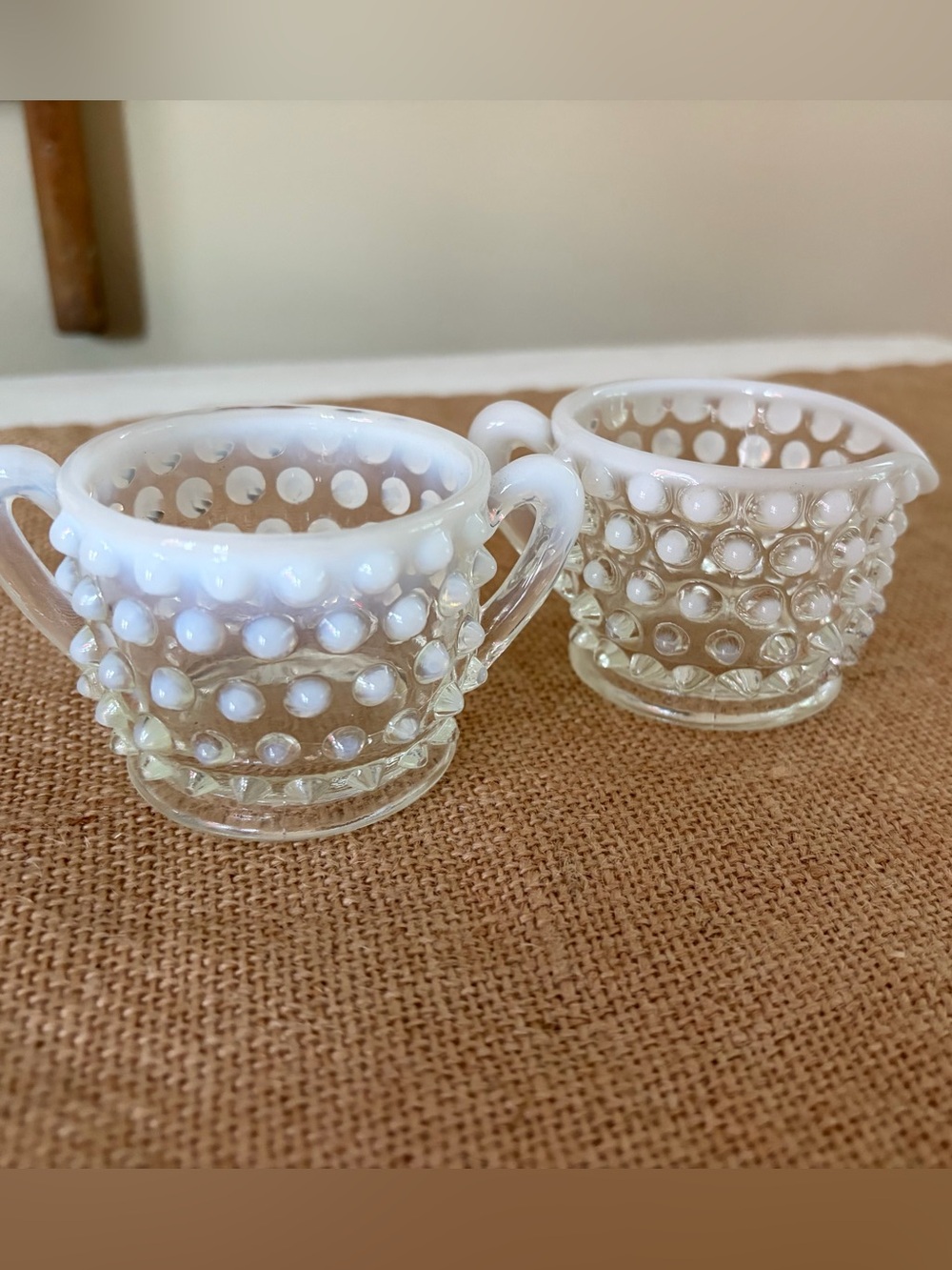 Vintage Fenton Moonstone Hobnail Opalescent Clear Cream & Sugar Set❤️